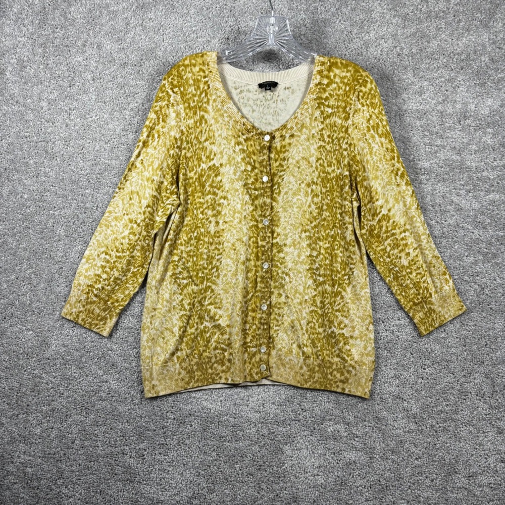 Talbots Womens Large Mustard Yellow Abstract Print Cotton Rayon Cardigan Sweater